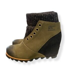 Sorel Joanie Sweater Wedge Ankle Winter Boots Peatmoss Green Sz‎ 7 Boho Grunge